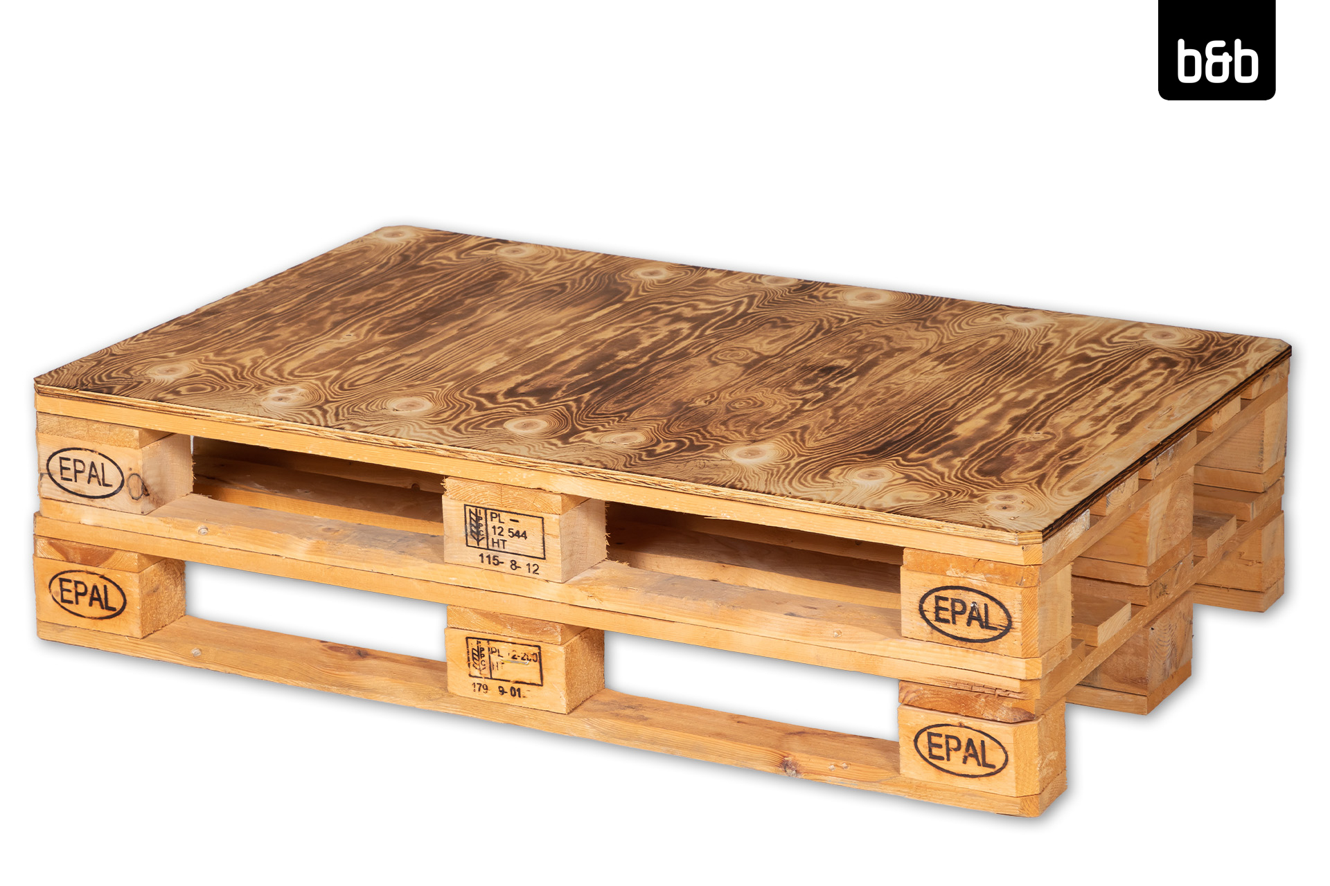Palettenlounge Couchtisch mit geflammter Tischplatte